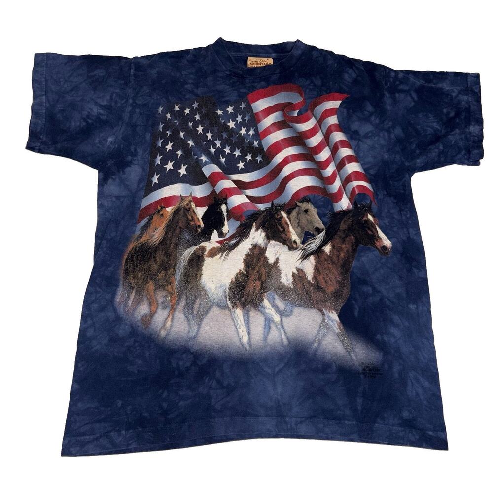 VTG The Mountain Shirt Mens L Y2K Horse American Patriotic Flag Print Tie Dye